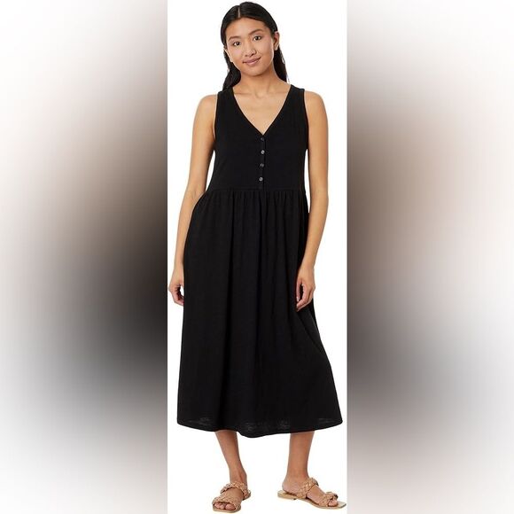 Pact Relaxed Slub Knit Organic Cotton Henley Tank Midi Dress Black Size Small - Picture 1 of 13